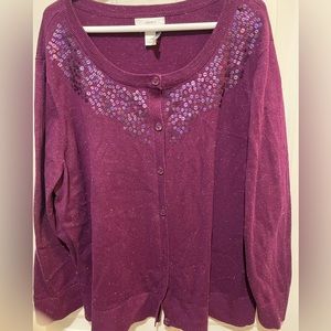 CJ Banks Plum Sparkly Cardigan Sweater with Sequins and Metallic thread 3X